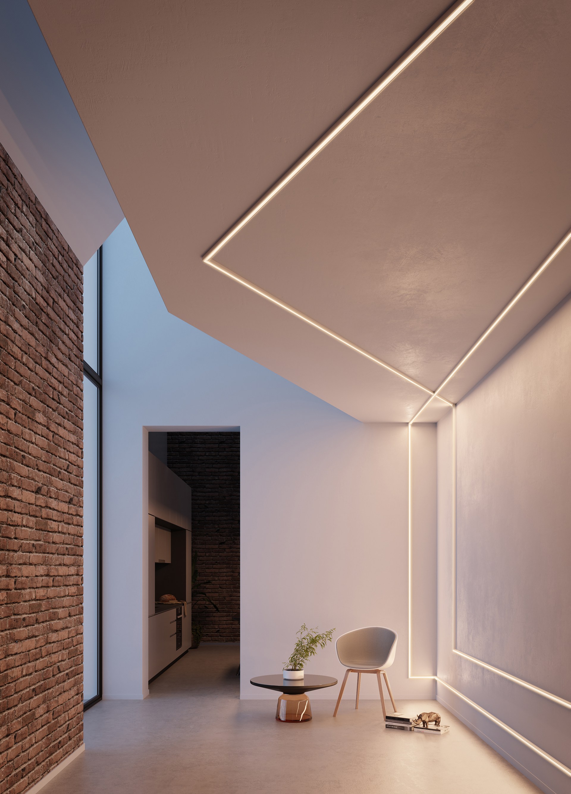 Perfiles para iluminación integrados que perfilan las paredes y el techo, creando un diseño de iluminación arquitectónica refinado.