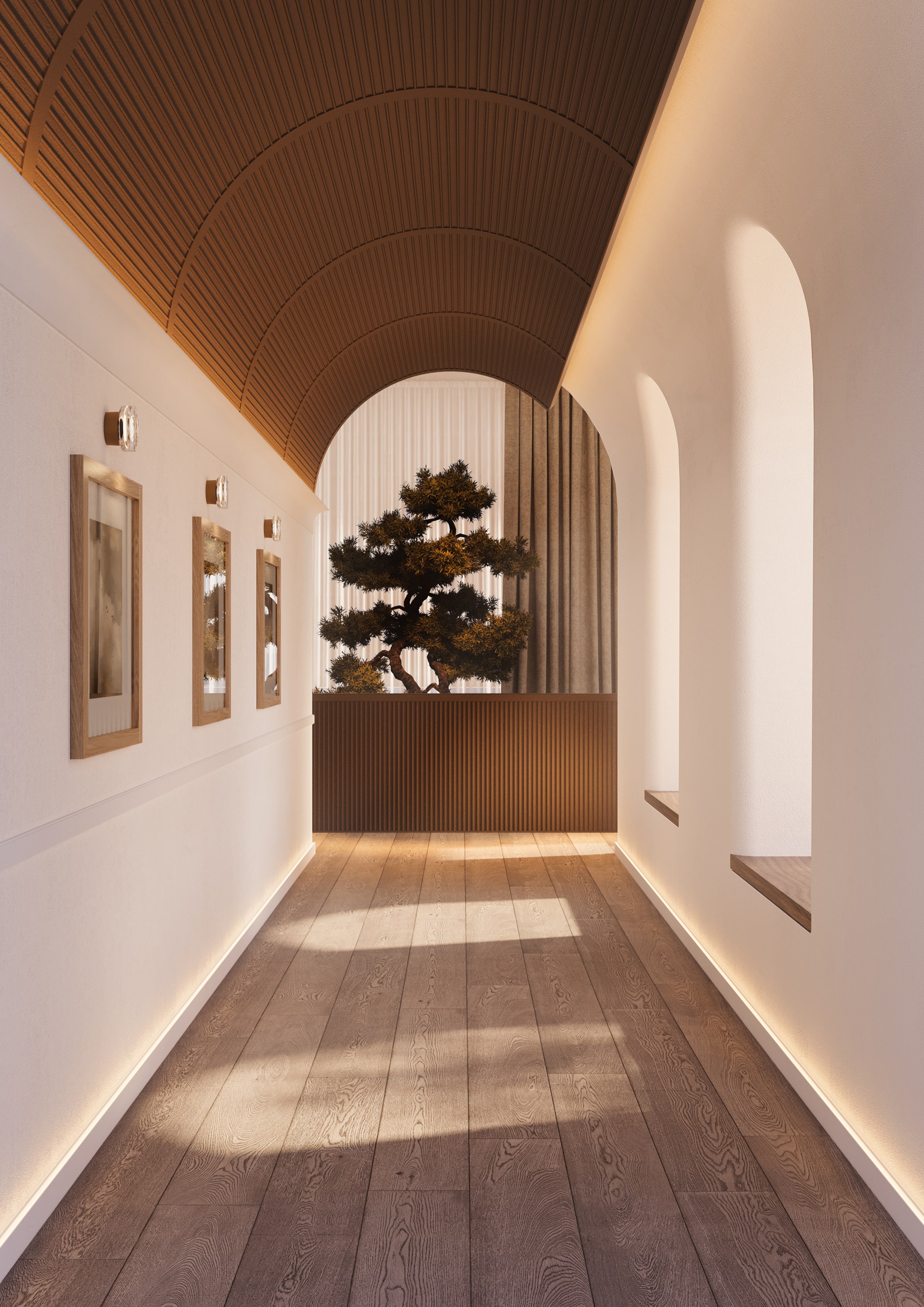 Paneles de pared colocados en el techo, que forman una superficie curva con un marcado ritmo arquitectónico.